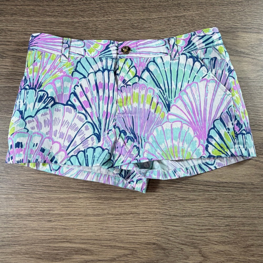 Lilly Pulitzer Girls Mini Callahan Shorts Purple Blue Seashells Preppy Size 14